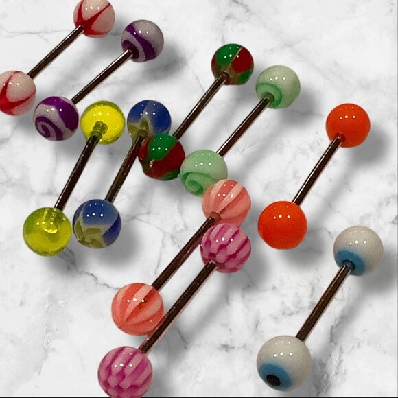 Assorted Colorful Acrylic Tongue & Nipple Barbell Piercing Jewelry Set 14g 10 pc - Picture 6 of 8